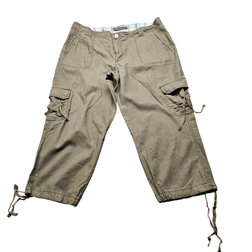 Nine‎ West Jeans Womens 14 Olive Green Linen Cotton Cargo Capri Pants Drawstring